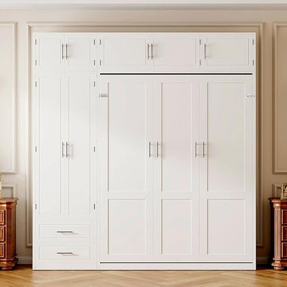 Murphy Bed Queen Size,Murphy Bed with Top Cabinet and Shelves,Space-Saving Multifunctional Hideaway Wall Foldable Bed w/Slat Support,Bedroom Folding Bedframe for Guest Room,White