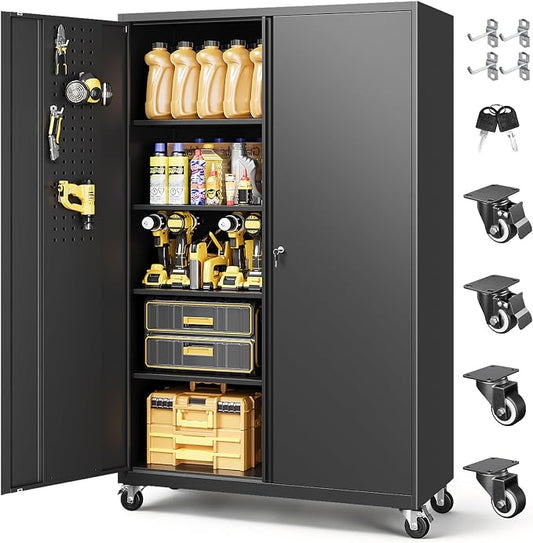 Metal Garage Storage Cabinet with Locking Doors and Adjustable Shelves, Wide & Deep Storage Cabinet on Wheels, 71" Rolling Tool Cabinet for Garage, Basement, Home Office