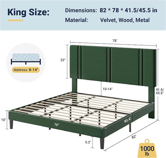 Allewie King Size Platform Bed Frame with Adjustable Headboard, Plush Velvet Upholstered, Vertical Channel Tufted, Sturdy Wooden Slats, No Box Spring Needed, Easy Assembly, Green
