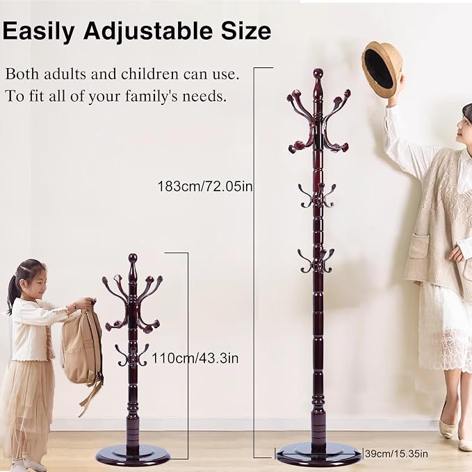 Wooden Coat Rack Freestanding, Hall Tree Hanger With Resin Hooks, Adjustable Heavy Duty Coat Rack for Hanging Clothes Bags Hats in Living Room Bedroom (coat rack, Round Base-Ruyi hook)