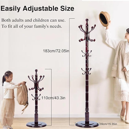Wooden Coat Rack Freestanding, Hall Tree Hanger With Resin Hooks, Adjustable Heavy Duty Coat Rack for Hanging Clothes Bags Hats in Living Room Bedroom (coat rack, Round Base-Ruyi hook)