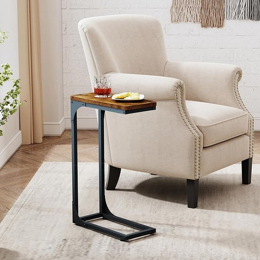 QEEIG Narrow C Shaped Side Table Set of 2 Living Room Sets Slim Couch Tray Tables Skinny Thin Small Farmhouse 7 inch Width, Rustic Brown (017-18BN)