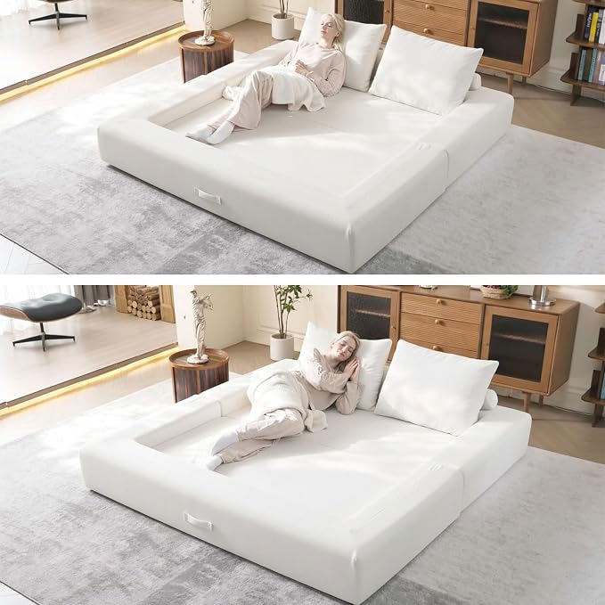 WHGBJA Oversized 79” Double Chaise Lounge Sofa Bed, Deep Seat Corduroy Cloud Loveseat Chair, No Assembly, Plush Upholstered Sleeper for Living Room or Bedroom (White)