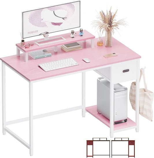 Pamray 39 Inch Computer Desk with Monitor Stand Small Home Office Desks with Non-Woven Storage Drawer for Bedroom Study Table Writing and Work Desk Pink