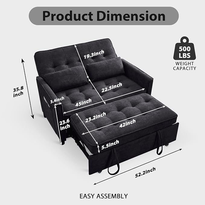 Convertible Sofa Bed, 3 in 1 Pull Out Couch, Loveseat Sleeper with Side Pocket, Sleeper Sofa with Adjustable Backrest | USB Charging Port | Two Pillows | Fabric | Charcoal Black