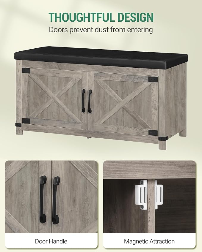 Hzuaneri Shoe Storage Bench, 2 Tier Shoe Bench with Padded Seat Cushion & 2 Barn Doors, Entryway Bench with Adjustable Shelf, Farmhouse Shoe Cabinet for Living Room, Bedroom, Greige SB26605BK