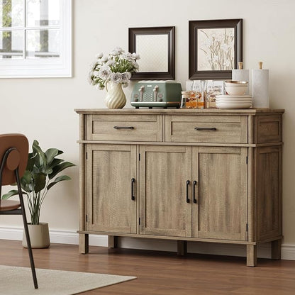 ONBRILL 48 Inch Buffet Cabinet with Storage, Farmhouse Sideboard Buffet w/2 Drawers and 3 Doors, Coffee Bar Cabinet with Adjustable Shelves, Sideboard Storage for Kitchen, Living Room, Washed Grey