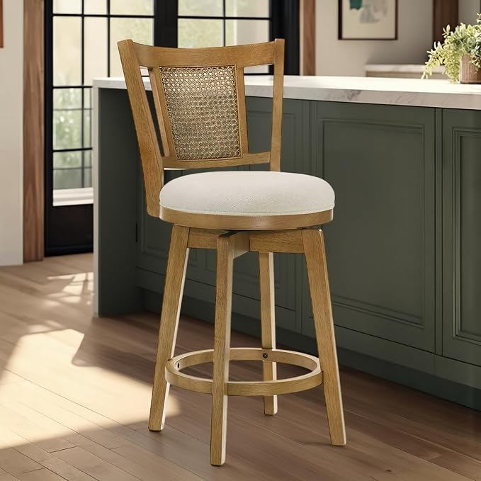 Armen Living Isla 26 in. Amber Glow Counter Height Rubberwood Swivel Barstool with Ivory Fabric Seat - Set of 2