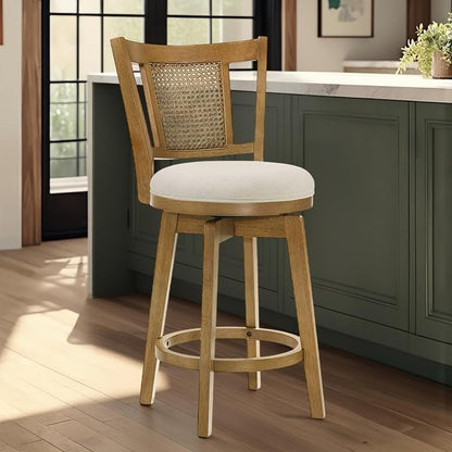 Armen Living Isla 26 in. Amber Glow Counter Height Rubberwood Swivel Barstool with Ivory Fabric Seat - Set of 2