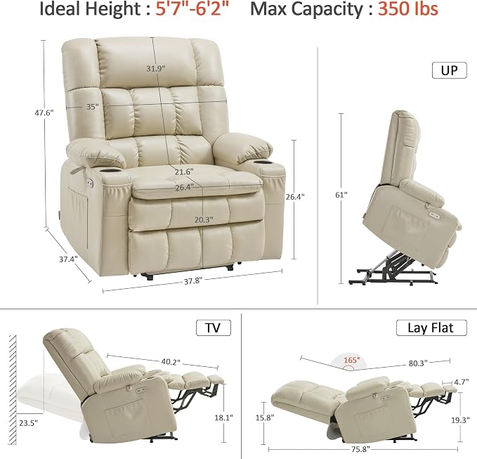 MCombo Dual Motor Power Lift Recliner Chair for Elderly, Lay Flat Lift Chair with Heat and Massage, Oversized Lift Recliner for Big and Tall, Faux Leather R7891 (Cream White, Large-Wide)