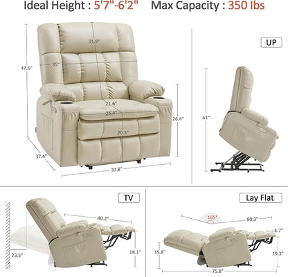MCombo Dual Motor Power Lift Recliner Chair for Elderly, Lay Flat Lift Chair with Heat and Massage, Oversized Lift Recliner for Big and Tall, Faux Leather R7891 (Cream White, Large-Wide)