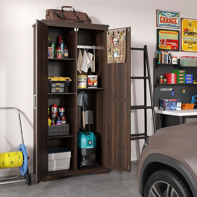Farmhouse Storage Cabinet with Adjustable Shelves, Large Pantry Organize with 2 Barn Doors, Tall Freestanding Cabinet for Kitchen, Bathroom, Garage, Basement, Living, Utility Room, Rustic Brown