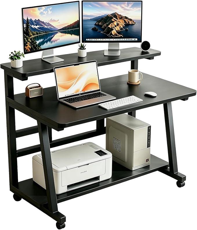 31.5 Inch Compact Rolling Computer Desk with Tier Worktable & Lockable Wheels, Small Computer Desk, Small Desk for Bedroom, Mobile Writing Workstation Easy Assembly for Home Office Small Spaces