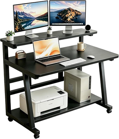 47.2 Inch Compact Rolling Computer Desk with Tier Worktable & Lockable Wheels, Small Computer Desk, Small Desk for Bedroom, Mobile Writing Workstation Easy Assembly for Home Office Small Spaces