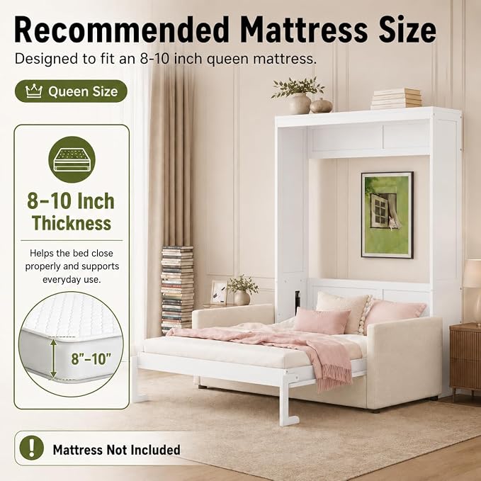 Queen Murphy Bed with Couch, Space Saving Wall Bed Cabinet Bed with Sofa and Storage, Folding Wall Bed with Dual Piston Metal Mechanism, Hide Away Bed for Studio, Small Apartment, Guest Room(White 4)