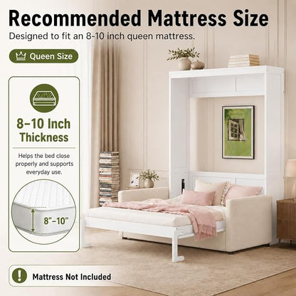 Queen Murphy Bed with Couch, Space Saving Wall Bed Cabinet Bed with Sofa and Storage, Folding Wall Bed with Dual Piston Metal Mechanism, Hide Away Bed for Studio, Small Apartment, Guest Room(White 4)