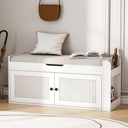 39.4" Storage Bench - Entryway Shoe Bench with Side Storage Shelves and 2 Doors, Multifunctional Entryway Bench with Lift Top Cushion, Shoe Storage Bench for Bedroom, Living Room, White