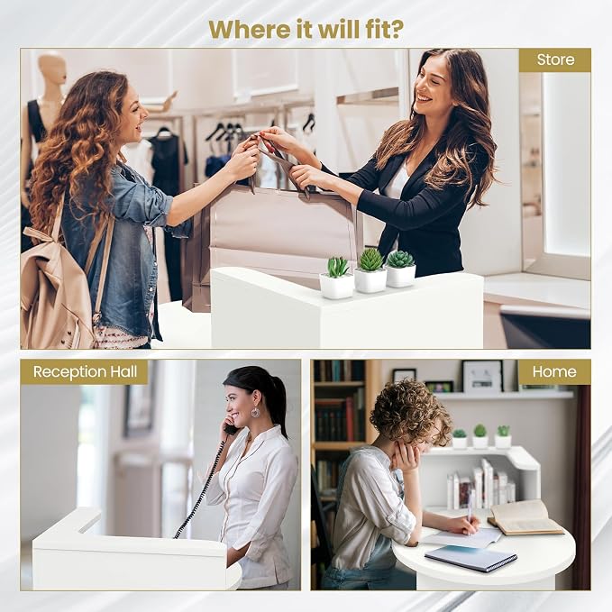 Reception Desk, Retail Checkout Counter w/Lockable Drawer & Open Shelves, Computer Workstation, Small Front Desk Reception Counter for Company Lobby Store Salon Office (White)