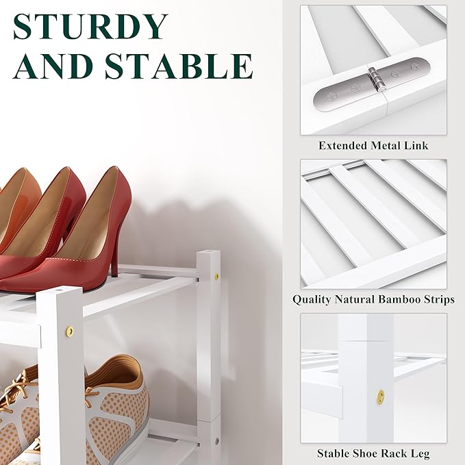 Smiry Bamboo Shoe Rack, 3 Tier Free Standing Wooden Shoe Organizer, Stackable Wood Shoe Storage Shelf for Closet, Entryway, 12 Vertical Slats, 2+1 Stack Standard Legs, 26.8"x11"x19.5", White
