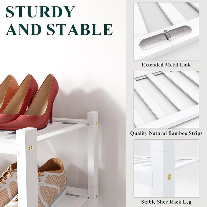 Smiry Bamboo Shoe Rack, 6 Tier Free Standing Wooden Shoe Organizer, Stackable Wood Shoe Storage Shelf for Closet, Entryway, 12 Vertical Slats, 2+2+2 Stack Standard Legs, 26.8"x11"x39", White
