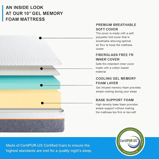 Irvine Home Collection Queen Adjustable Bed Base with 10 Inch Gel Memory Foam Mattress Combo, Massage, Underbed Light, Wireless Remote