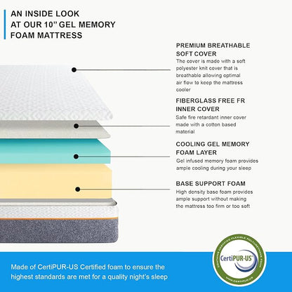 Irvine Home Collection Queen Adjustable Bed Base with 10 Inch Gel Memory Foam Mattress Combo, Massage, Underbed Light, Wireless Remote