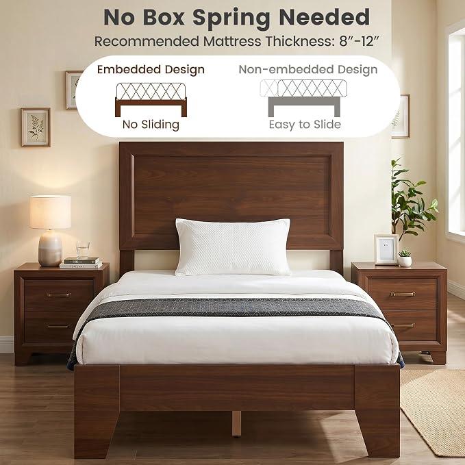 KOMFOTT Twin Size Bed Frame, Mid-Century Modern Platform Bed with Headboard, Wooden Slat Support Mattress Foundation, Under-Bed Storage Space, No Box Spring Needed (Walnut,Twin)