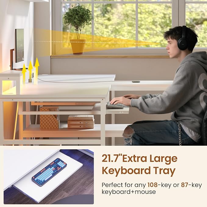 SEDETA 94.5" White Computer Desk, Two Person Gaming Desk with LED Light, Keyboard Tray, Power Strip with USB, Monitor Shelf & Storage, Extra Long Double Desk for Home Office, White