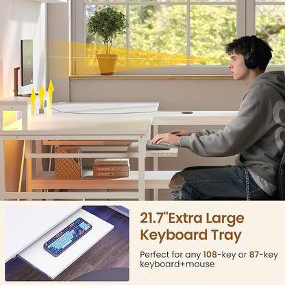 SEDETA 94.5" White Computer Desk, Two Person Gaming Desk with LED Light, Keyboard Tray, Power Strip with USB, Monitor Shelf & Storage, Extra Long Double Desk for Home Office, White