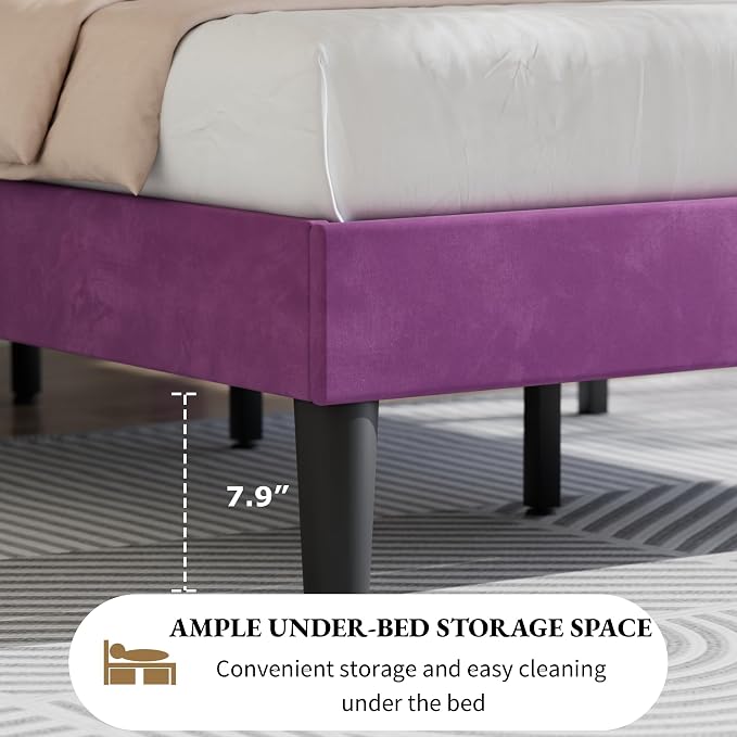 VECELO Twin Size Bed Frame with Diamond Tufted Headboard, Upholstered Platform Bedframe with Wood Slat Support, No Box Spring Needed, Velvet & Purple