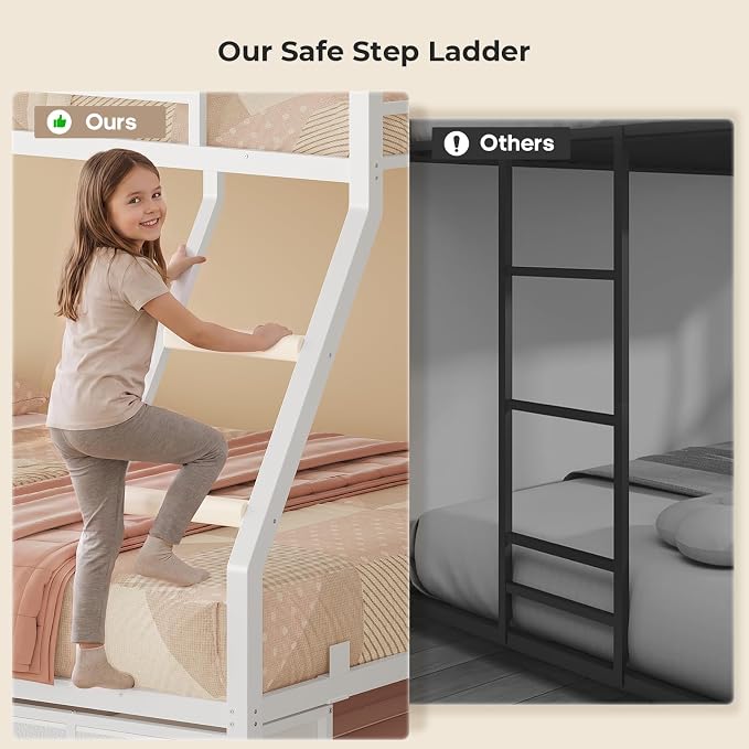 BTHFST Bunk Bed Twin Over Full with Trundle, LED Lights Bunk Beds with 6 Large Storage Drawers, Metal Bunk Beds with Ladder and Full-Length Guardrail, Space Saving, White