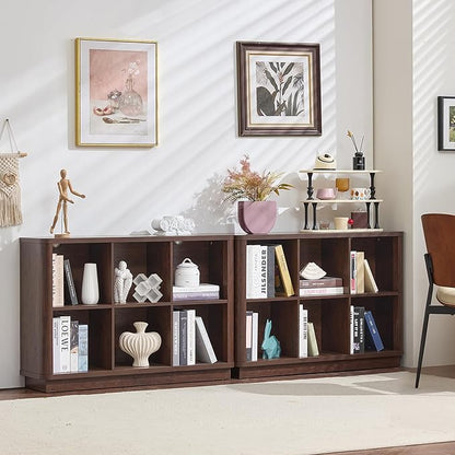 Joaxswe 6 Cube Bookcase, 40" Wide Low Horizontal Book Shelf w/Curved Edge, Wood Floor Standing 2-Tier Bookshelf with Base, Modern Short Storage Organizer for Bedroom,Office, Walnut