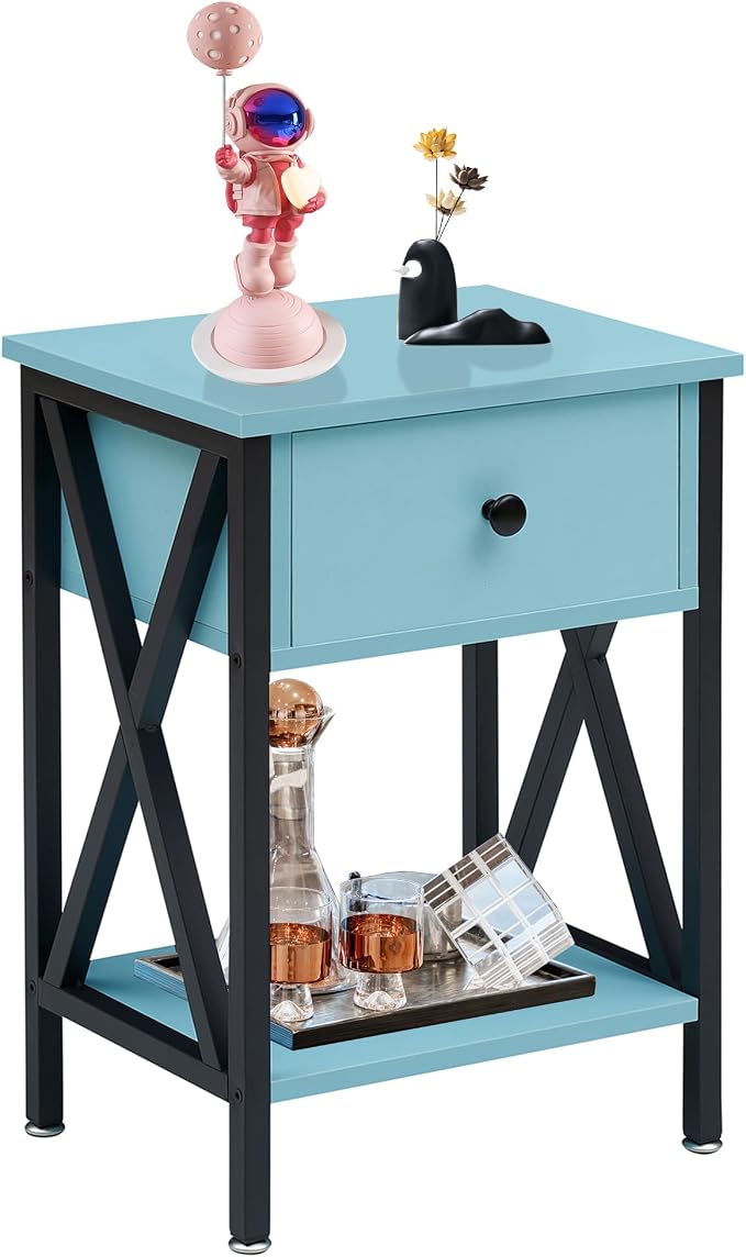 VECELO Nightstand,Modern Bedside End Table, Night Stand with Drawer and Storage Shelf for Living Room Bedroom, Industrial Metal Frame