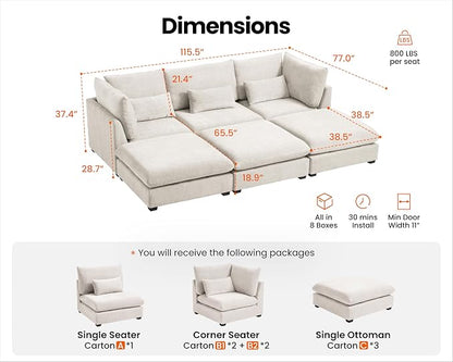 115" Oversized Chenille Couch Modular Sectional Sofa, Washable Cloud Couch Sectional with 3 Ottoman, 6 Seater Sectional Couches for Living Room, Fully Cover Removable, Sleeper Sofa, Chenille, White