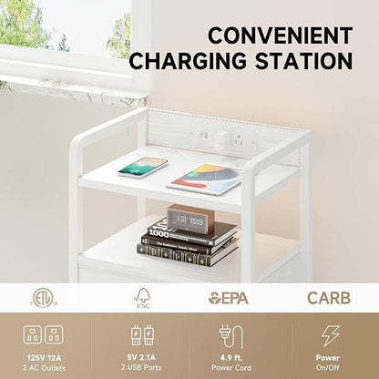 Lazzanto Night Stand Bedside Charger Bedroom - Nightstand with Charging Station, Bed Side Table with LED Light Strip, End Table with U-S-B Ports & AC Outlets, Storage Shelf & 3 Fabric Drawers, White