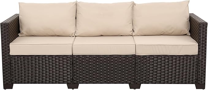 WAROOM Patio Couch PE Rattan 3-Seat Outdoor Sofa Brown Wicker Furniture Set Deep Seating with Anti-Slip Beige Cushion