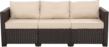 WAROOM Patio Couch PE Rattan 3-Seat Outdoor Sofa Brown Wicker Furniture Set Deep Seating with Anti-Slip Beige Cushion