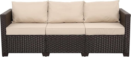 WAROOM Patio Couch PE Rattan 3-Seat Outdoor Sofa Brown Wicker Furniture Set Deep Seating with Anti-Slip Beige Cushion