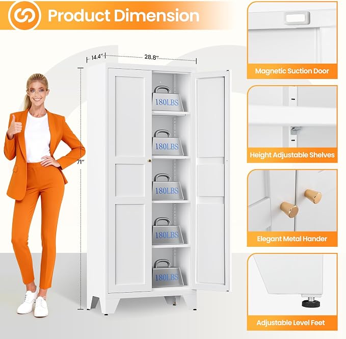 71" Tall Kitchen Cabinet Storage Unit With 2 Doors and 4 Adjustable Shelve, Metal White Freestanding Cupboard, 5 Tier Kitchen Pantry Storage Cabinet for Kitchen Dining/Living Room/Garage/Home/Office