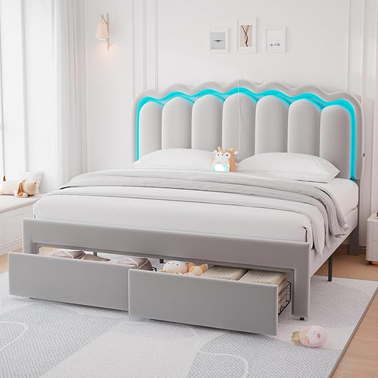 King Upholstered LED Bed Frame with 2 Storage Drawers and Adjustable Chic Double Wavy Headboard, Velvet Princess Platform Bed with Charing Station, Solid Wood Slats Support, No Box Spring Needed, Grey