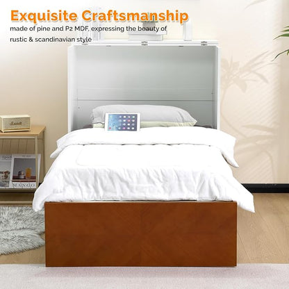 VINGLI Twin Murphy Bed with Storage Drawer,Rustic & Scandinavian Style Foldable Bed Cabinet with Charging Station,Hideaway Paltform Panel Bed for Small Spaces,Guest Room,Office,Apartment,Golden Brown