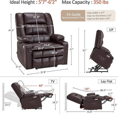 MCombo Dual Motor Power Lift Recliner Chair for Elderly, Lay Flat Lift Chair with Heat and Massage, Oversized Lift Recliner for Big and Tall, Faux Leather R7891 (Dark Brown, Large-Wide)