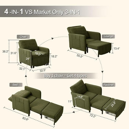 ZZW Sleeper Chair 84" Extra Long Convertible Chair Bed Upgraded 3-in-1 to 4-in-1 Pull Out Chair & Single Sofa Bed for Adult Sleeping Chair for Living Room Small Space (Modern Green)