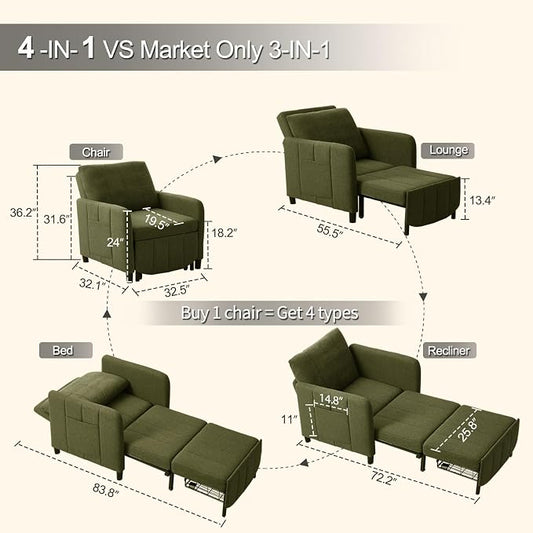 ZZW Sleeper Chair 84" Extra Long Convertible Chair Bed Upgraded 3-in-1 to 4-in-1 Pull Out Chair & Single Sofa Bed for Adult Sleeping Chair for Living Room Small Space (Modern Green)