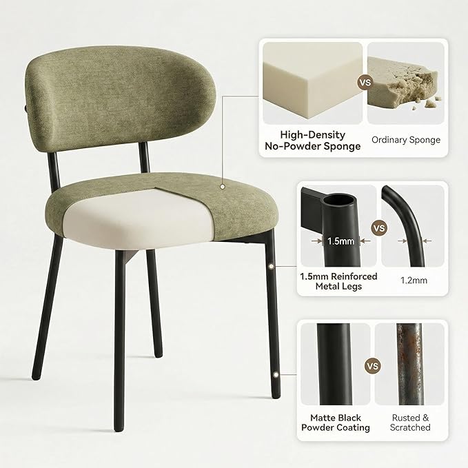 Upholstered Dining Chairs Set of 2, Modern Fabric Kitchen Chairs with Curved Backrest and Cushioned Seat, Sturdy Metal Legs, Comfortable Accent Chairs for Kitchen Dining Room, Living Room,Green