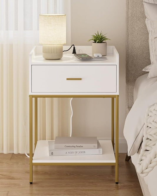 Masupu Nightstand with Charging Station, 3-Tier Modern Bedside Night Stand with Storage Drawer and Shelf, Large End Side Table for Bedroom, Living Room,White
