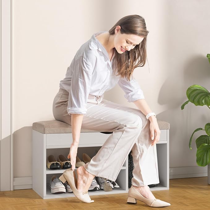 Apicizon 31 Inches Storage Bench with Padded Cushion, Shoe Bench with Storage Space, Upholstered Entryway Bench for Living Room, 2-Tier Shoe Rack Organizer, White