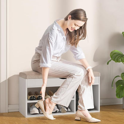 Apicizon 31 Inches Storage Bench with Padded Cushion, Shoe Bench with Storage Space, Upholstered Entryway Bench for Living Room, 2-Tier Shoe Rack Organizer, White