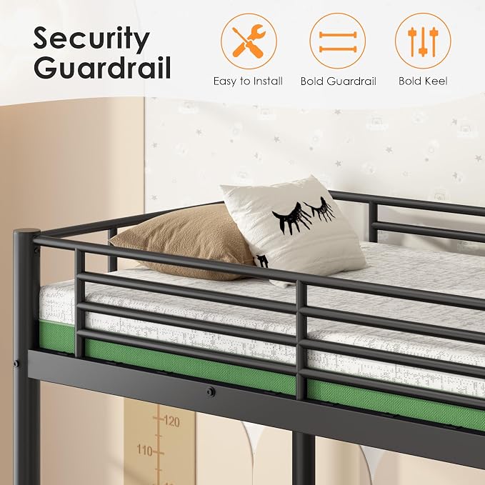Bunk Bed Twin Over Twin with 6'' Mattresses, Heavy Duty Metal Bunk Bed Frame with Angled Ladder for Teens and Adults, Space Saving for Apartment, Dorm or Small Room, Easy Assembly