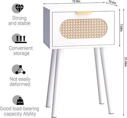 Nightstands Set of 2, Bedside Table with Rattan Door, Boho End Table with Solid Wood Legs for Bedroom, Living Room, Small Space Nightstands, White Color, HNS001W